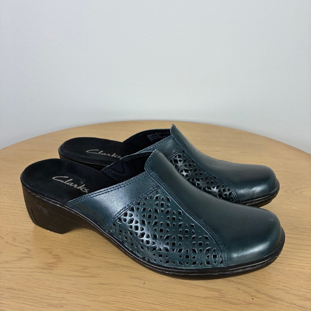 Clarks Leather Perforated Laser Cut Wedge‎ Mules Clogs Women's 8.5 Comfort Boho